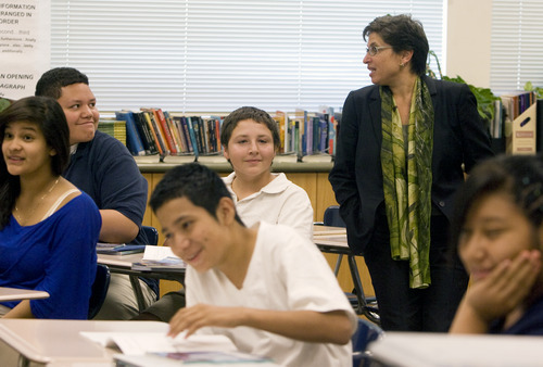Kim Raff | The Salt Lake Tribune
U.S. Education Chief of Staff Joanne Weiss listens in on an 8th grade reading class during a visit to Glendale Middle School, one of many stops on the Education Department's 2012 cross-country, back-to-school bus tour, 