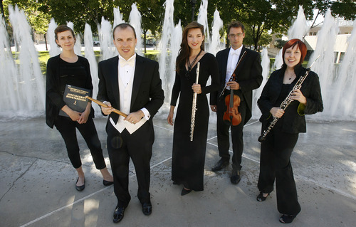 Francisco Kjolseth  |  The Salt Lake Tribune
The Utah Symphony has five new members:  Associate librarian Maureen Conroy, percussionist Keith Carrick, flutist Mercedes Smith, oboist Lissa Stolz and violinist Claude Halter, from left, seen outside Abravanel Hall.