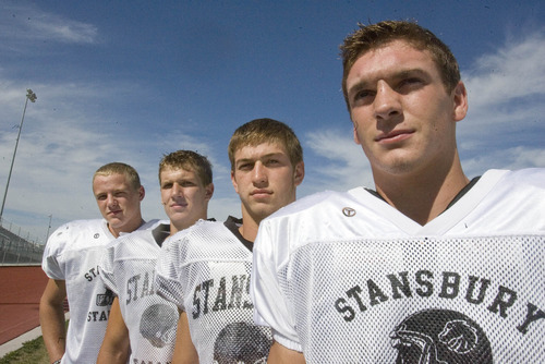 Paul Fraughton | Salt Lake Tribune
Linebackers  for the Stansbury High School football team from left: Chase Christiansen, Chandler Staley, Jackson Clausing and Colton May.