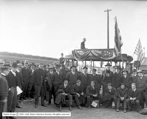 The University of Utah football team waiting to depart from the railroad depot in 1904. Courtesy Utah Historical Society
