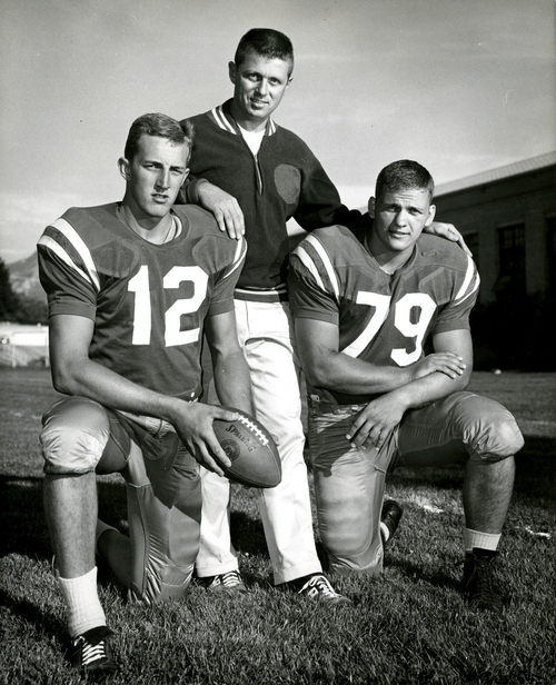 Archives | The Salt Lake Tribune 

Utah Football Coach Ray Nagel, center, with players Ken Peterson and Jerry Nofsinger.  Nagel was the head football coach form 1958-1965.