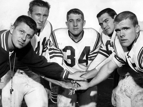 Archives | The Salt Lake Tribune 

L - R: Utah Football Coach Ray Nagel, players Lee Johnston, Terry Lewton, and Leo Henderson. Nagel was the head football coach form 1958-1965.