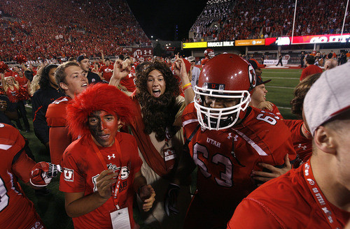 Scott Sommerdorf  |  The Salt Lake Tribune             
Utah fans rushed the field after the first time it seemed that Utah had won. They were penalized for being on the field too soon, and BYU got another chance to kick a FG. Utah defeated BYU 24-21, Saturday, September 15, 2012.