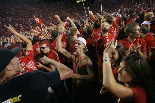 Scott Sommerdorf  |  The Salt Lake Tribune             
Utah fans stormed the field three separete times after it seemed Utah had won. Utah defeated BYU 24-21, Saturday, September 15, 2012. This was the second time.