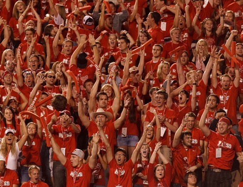 Trent Nelson  |  The Salt Lake Tribune
Utah fans cheer after their team took a 7-0 lead in the first quarter against BYU on Saturday, Sept. 15, 2012.