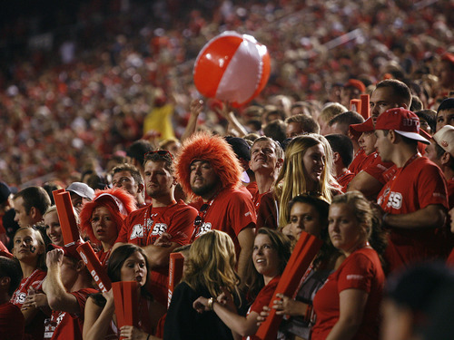Scott Sommerdorf  |  The Salt Lake Tribune             
Utah fans toss around a beach ball during a long, first-half TV timeout during the game against BYU on Sept. 15, 2012.