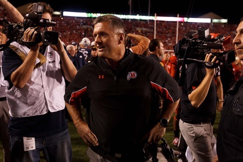 Trent Nelson  |  The Salt Lake Tribune
Utah head coach Kyle Whittingham reacts to game officials giving BYU one more kick for the win as Utah hosts BYU college football in Salt Lake City, Utah, Saturday, September 15, 2012.