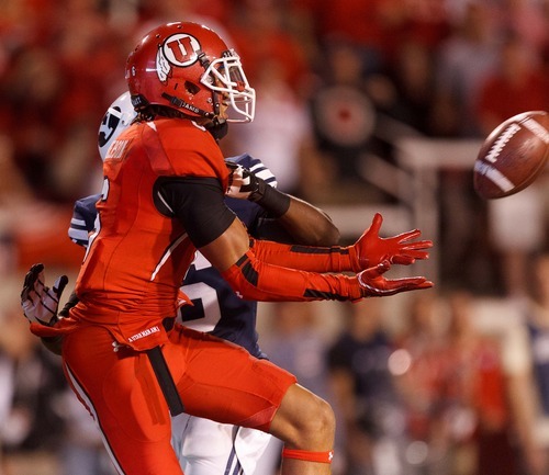 Trent Nelson  |  The Salt Lake Tribune
Utah wide receiver Dres Anderson (6) pulls in a third-quarter touchdown pass against BYU  in Salt Lake City on Saturday, Sept. 15, 2012.