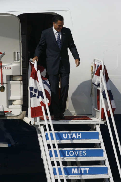 Francisco Kjolseth  |  The Salt Lake Tribune
Republican presidential candidate Mitt Romney arrives in Utah for a pair of fundraisers on Tuesday, September 18, 2012, in what is expected to be his last stop in the state before the November election.
