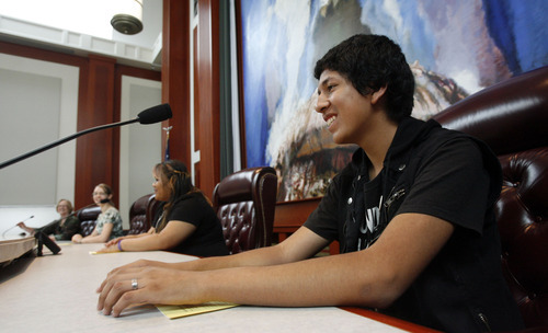 Francisco Kjolseth  |  The Salt Lake Tribune
West High student Bryant Vazquez, 16, is one of three getting a chance to sit and play the role of supreme court justice as he listens to arguments being made by fellow classmates on a case.  The group was participating in Constitution Day celebrations at the Matheson Courthouse on Monday, September 17, 2012, to honor the day 39 of the 55 founding fathers signed the Constitution of the United States marking the 225th anniversary.