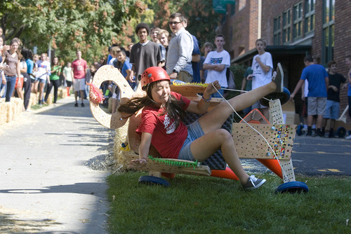 Paul Fraughton | The Salt Lake Tribune
Isabel Torres, a Rowland Hall sophomore, loses control of her team's gravity car as she attempts to make the turn at the bottom of the hay bale lined course. The cars, built by the students earlier in the day, were part of a science lesson dealing with potential and kinetic energy. The event was part of the school's 