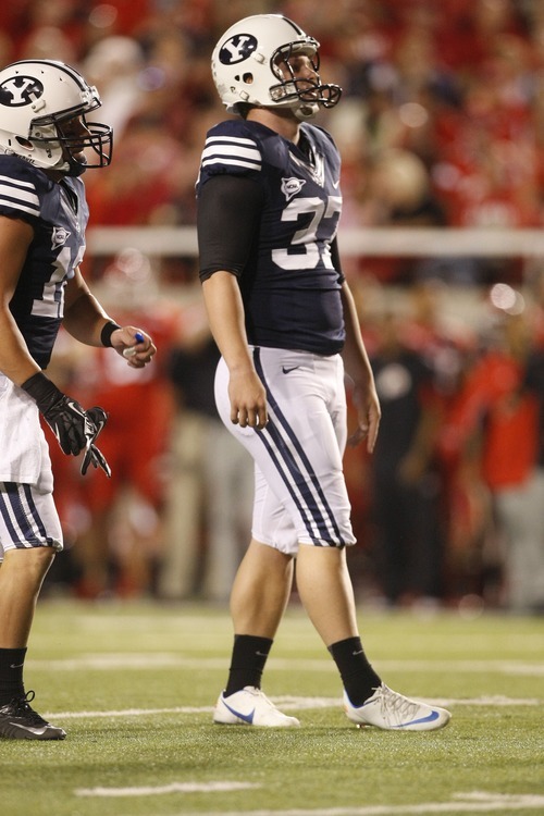 Chris Detrick  |  The Salt Lake Tribune
BYU kicker Justin Sorensen misses a field goal attempt during the first half of the game against Utah at Rice-Eccles Stadium on Saturday, Sept. 15, 2012.
