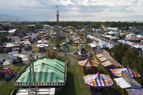 Chris Detrick  |  The Salt Lake Tribune
An ariel view of the Utah State Fair as seen from the Thomas Carnival Century Wheel.  Sunday, Sept. 16, is the last day of the fair.