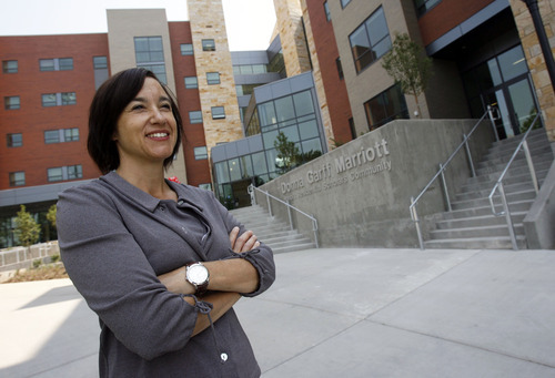 Francisco Kjolseth  |  The Salt Lake Tribune
Sylvia Torti, the U.'s dean of the Honors College, welcomes students to the new Honors College dorm near the Huntsman Center on Thursday, Aug. 16, 2012.