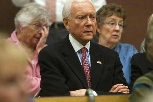 Chris Detrick  |  Tribune file photo
This March 15, 2012 file photo, shows U.S. Senator Orrin Hatch attending the Republican caucus at Washington Elementary School, in Salt Lake City. Sen. Orrin Hatch's opponent says the 78-year-old Utah Republican is just too old to serve. In an email to supporters, Democrat Scott Howell warned that if re-elected, Hatch may 