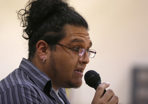 Jim Urquhart/Special to the Salt Lake Tribune 
Joel Arvizo-Zavala of the Urban Institute for Teacher Education delivers the keynote address as part of the 50 states in preserving Mexican American culture and defending freedom of speech Friday, September 21, 2012, at the Centro De Civico Mexicano in Salt Lake City. The event is a nation-wide cultural celebration in opposition to Arizona's HB 2281, the law used to eliminate the Mexican American Studies Programs in the Tucson Unified School District earlier this year.