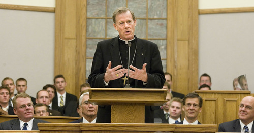 Paul Fraughton | The Salt Lake Tribune
Catholic Bishop John Wester speaks to a group of mostly LDS students and faculty at the LDS Institute of Religion on the campus of Utah Valley University in Orem.

 Tuesday, September 18, 2012