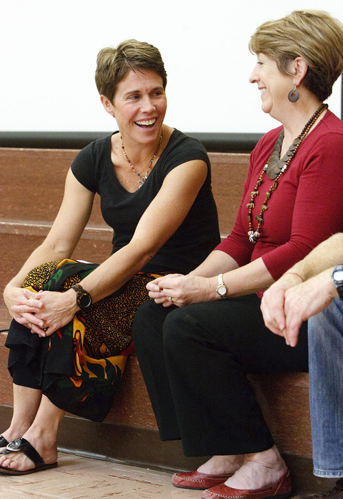 Leah Hogsten  |  The Salt Lake Tribune
Jan Wunderli (left) is spearheading the Friend to Friend project with Cottonwood Elementary Principal Karen Chatterton (right). Students and teachers at Cottonwood Elementary were treated to dancers and musicians showcasing the culture of Africa as part of the school's Friend to Friend service project for children in the Samburu District of the Rift Valley Province, Kenya, Friday, September 21, 2012. . The goal of the project is for Cottonwood students to make personal connections with the children in Africa.