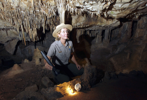 Al Hartmann  | The Salt Lake Tribune
Gretchen Baker, ecologist for Great Basin National Park just over the Utah border in eastern Nevada, monitors the effects of the drought in Lehman Cave. She checks a part of the Lehman Caves where water normally pools -- but now are dry.