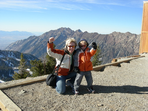 Author Samantha Simon and a child enjoy a trip to the top of
Hidden Peak at Snowbird. Courtesy image