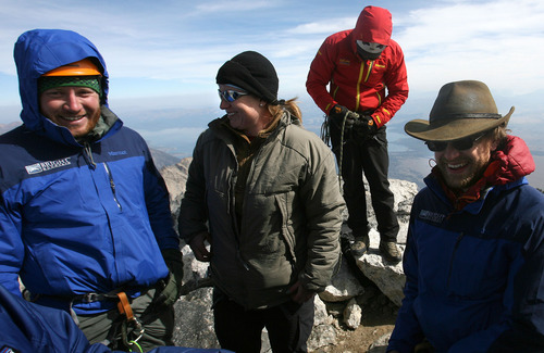 Leah Hogsten  |  The Salt Lake Tribune
Veterans Andrew Sullens, Nico Maroulis and Chad Jukes share a light moment on the summit of the Grand Teton. Chad Jukes summed up the challenges the team faced; 