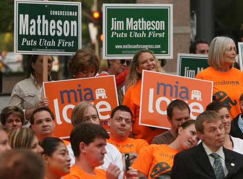 Steve Griffin | The Salt Lake Tribune


Supporters back their candidates during debate between GOP challenger Mia Love and Democratic Congressman Jim Matheson on Main street in Salt Lake City, Utah Wednesday September 26, 2012. The event was hosted by KUTV Channel 2.
