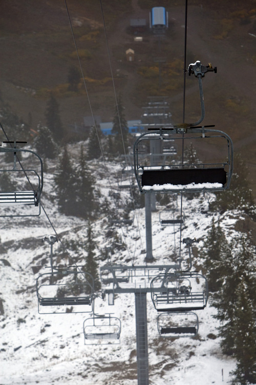 Chris Detrick  |  The Salt Lake Tribune
Snow remains on the Mineral Basin Express chairs as seen from Hidden Peak at Snowbird Tuesday September 25, 2012. Salt Lake City expected a high temperature of 75 Wednesday, up a few degrees from Tuesday's forecast; Ogden looked for 73 and 70 degrees, respectively; Logan 75 and 71; Provo 72 and 68; Wendover 75 and 74; Duchesne 68 and 65; Cedar City 73 and 72; St. George 86 degrees both days; and Moab, 78 and 76.