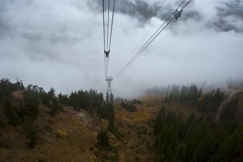 Chris Detrick  |  The Salt Lake Tribune
Fog surrounds Peruvian Gulch at Snowbird Tuesday September 25, 2012. Salt Lake City expected a high temperature of 75 Wednesday, up a few degrees from Tuesday's forecast; Ogden looked for 73 and 70 degrees, respectively; Logan 75 and 71; Provo 72 and 68; Wendover 75 and 74; Duchesne 68 and 65; Cedar City 73 and 72; St. George 86 degrees both days; and Moab, 78 and 76.