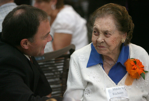 Steve Griffin  |  The Salt Lake Tribune
106-year-old Hilda Richins, of Salt Lake City, visits with Gov. Gary R. Herbert during the 26th Annual Centenarians Day Celebration at Noah's Reception Center in South Jordan,  Friday September 28, 2012.