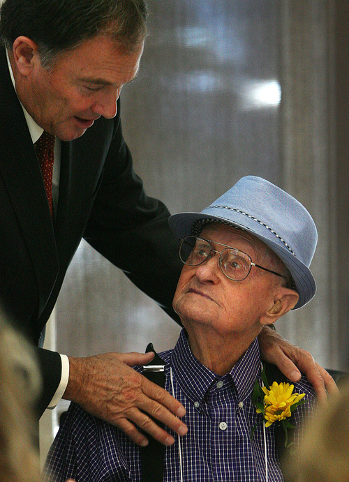 Steve Griffin  |  The Salt Lake Tribune
101-year-old Lyle Glines, of South Jordan, chats with Gov. Gary R. Herbert during the 26th Annual Centenarians Day Celebration at Noah's Reception Center in South Jordan, Friday September 28, 2012.