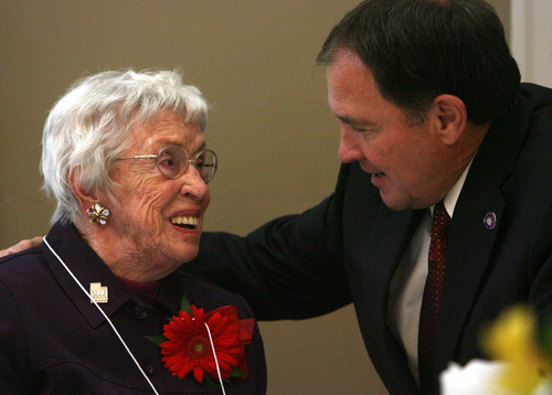 Steve Griffin  |  The Salt Lake Tribune
103 year-old Louise Calder, of Salt Lake City, smiles as she chats with Gov. Gary R. Herbert during the 26th Annual Centenarians Day Celebration at Noah's Reception Center in South Jordan,  Friday September 28, 2012.