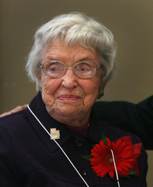 Steve Griffin  |  The Salt Lake Tribune
103 year-old Louise Calder, of Salt Lake City, smiles after chating with Gov. Gary R. Herbert during at the 26th Annual Centenarians Day Celebration at Noah's Reception Center in South Jordan, Friday September 28, 2012.