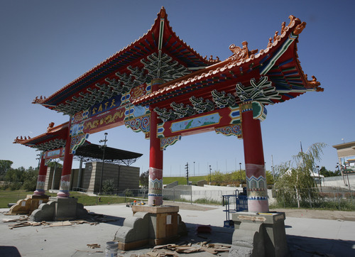 Rick Egan  |  The Salt Lake Tribune 
A Chinese gate sponsored by the Chinese Heritage Foundation of Utah is shown underconstruction at the Utah Cultural Celebration Center in West Valley City. The 48-foot-long gate has been built with private money,