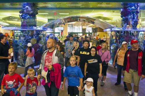 Chris Detrick  |  The Salt Lake Tribune
Customers enter Scheels as it opens for the first time Saturday September 29, 2012. Scheels opened its 220,000-square-foot mega-sporting goods store in Sandy. Featuring a 16-car Ferris wheel rising toward a skylight, a 16,000-gallon double-arched salt water aquarium, a boating department, game centers and a focus on fashionable apparel, the store is meant to be a fun destination, said Dan Hermanson, an assistant store leader.