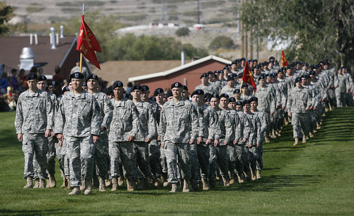Scott Sommerdorf  |  The Salt Lake Tribune             
One of the battalions of the 145th Field Artillery comes forward as a small part of the troops being reviwed at the ceremony Saturday at Camp Williams where  Maj. Gen. Brian L. Tarbet relinquished command to Maj. Gen. Jefferson S. Burton.