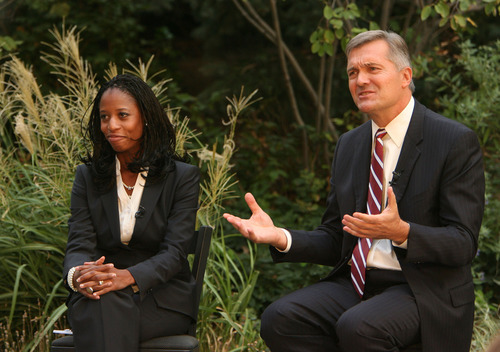Steve Griffin |  The Salt Lake Tribune
GOP challenger Mia Love and Democratic Congressman Jim Matheson answer questions from a panel during television debate hosted by KUTV Channel 2  on Main street in Salt Lake City, Utah Wednesday September 26, 2012.