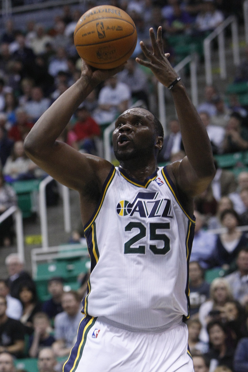 Chris Detrick  |  The Salt Lake Tribune
Utah Jazz center Al Jefferson (25) shoots the ball during the first quarter of the game at EnergySolutions Arena Wednesday April 4, 2012. Utah is winning the game 24-21.