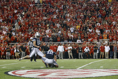 Chris Detrick  |  The Salt Lake Tribune
BYU punter Riley Stephenson can't make a field goal to tie the game during the second half of the game at Rice-Eccles Stadium on Saturday, Sept. 15, 2012.  Utah won the game 24-21.