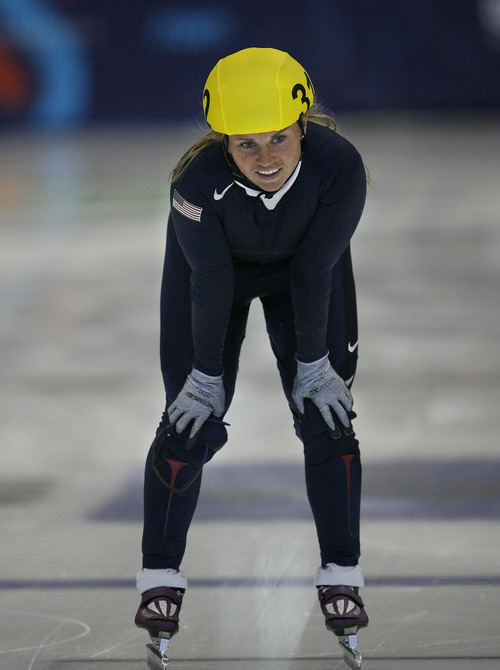 Scott Sommerdorf  |  The Salt Lake Tribune             
Skater Jessica Smith reacts after falling in the A final of the Ladies 500 meters, during the last day of the U.S. Short-Track Championships, when skaters officially qualify for the U.S. team on the World Cup Circuit, Sunday, September 30, 2012.