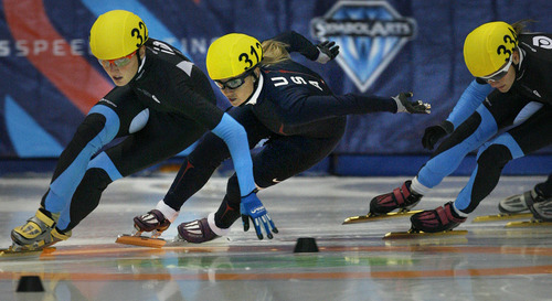 Scott Sommerdorf  |  The Salt Lake Tribune             
Skater Jessica Smith, center, competes in the wins the A final of the Ladies 500 meters, during the last day of the U.S. Short-Track Championships, when skaters officially qualify for the U.S. team on the World Cup Circuit, Sunday, September 30, 2012. Smith finished last after a fall.