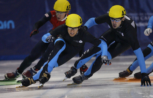 Scott Sommerdorf  |  The Salt Lake Tribune             
JR Celski, center, wins the Senior Men's 500 meters A final with a time of 41.096 over Travis Jayner, right. Final day of the U.S. Short-Track Championships, when skaters officially qualify for the U.S. team on the World Cup Circuit, Sunday, September 30, 2012.