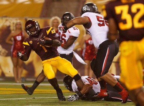 Trent Nelson  |  The Salt Lake Tribune
Arizona State's Deveron Carr (1) scores a touchdown in the first half as the University of Utah faces Arizona State, college football in Tempe, Arizona, Saturday, September 22, 2012.