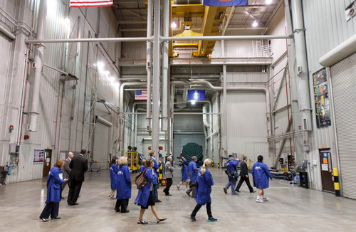 Trent Nelson  |  The Salt Lake Tribune
Members of the media are taken on a tour of the Final Assembly building at ATK, as ATK and NASA announced savings made in manufacturing the solid rocket boosters for NASA's Space Launch System (SLS) Tuesday October 2, 2012 in Promontory, Utah.