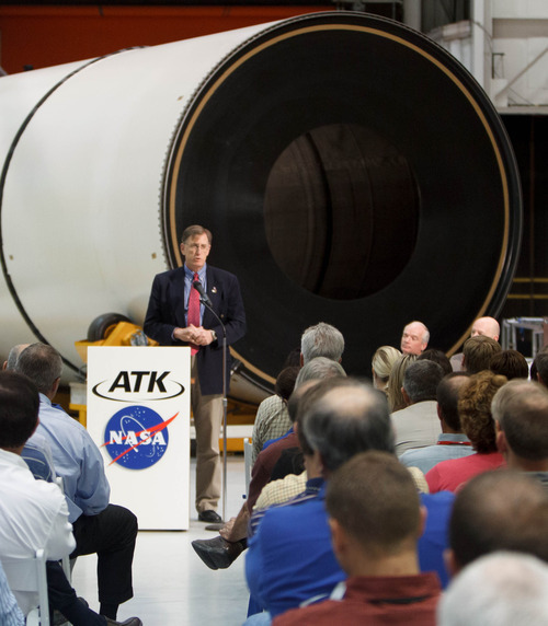 Trent Nelson  |  The Salt Lake Tribune
NASA's Daniel Dumbacher spoke to ATK employees as ATK and NASA announced savings made in manufacturing the solid rocket boosters for NASA's Space Launch System (SLS) Tuesday October 2, 2012 in Promontory, Utah.