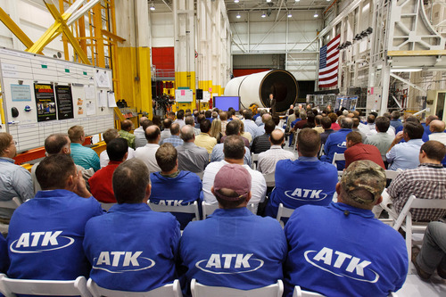 Trent Nelson  |  The Salt Lake Tribune
NASA's Boosters Manager for the Space Launch System (SLS), Alex Priskos, speaks to ATK employees Tuesday October 2, 2012 in Promontory, Utah.
