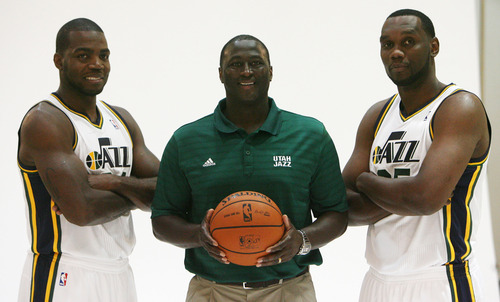 Steve Griffin | The Salt Lake Tribune


Jazz big men Paul Millsap and Al Jefferson pose for photographs with head coach Tyrone Corbin during Jazz media day in Salt Lake City on Oct. 1, 2012.