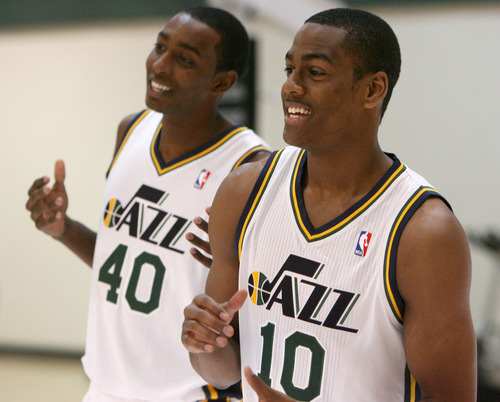 Steve Griffin | The Salt Lake Tribune


Jazz players Jeremy Evans and Alec Burks laugh as they are photographed during Jazz media day in Salt Lake City on Oct. 1, 2012.