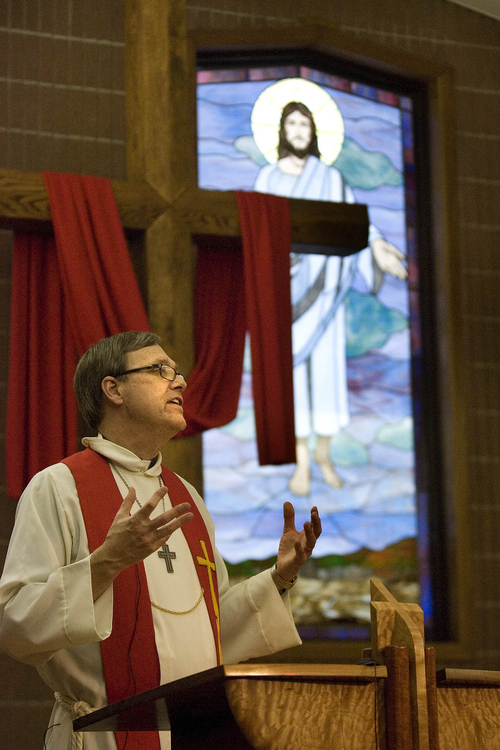 Paul Fraughton | The Salt Lake Tribune.
Pastor Jeff Beebe of  Our Savior's Lutheran Church delivers a sermon  at the Maundy Thursday services at the church.