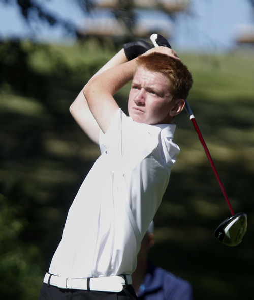 Al Hartmann  |  The Salt Lake Tribune
Lone Peak High School's Cameron Webb makes a drive on the final round of the 5A Boys Golf High School State Championship at River Bend Golf Course in  Riverton.