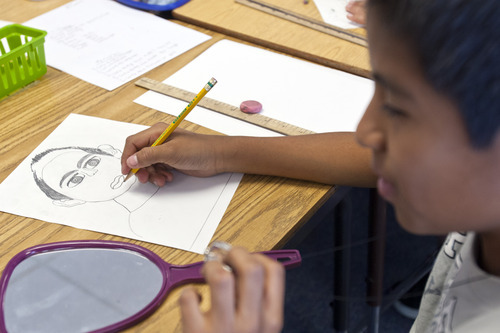 Chris Detrick  |  The Salt Lake Tribune
Fifth-grader Alan Hernandez-Lopez works at drawing a self portrait during the Beverley Taylor Sorenson Arts Learning Program at Lincoln Elementary School, 450 East 3700 South, Tuesday October 2, 2012.